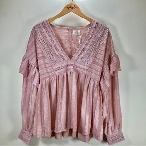 Champagne & Strawberry Boho Lace Ruffled Long Sleeve Blouse Pink Size Medium